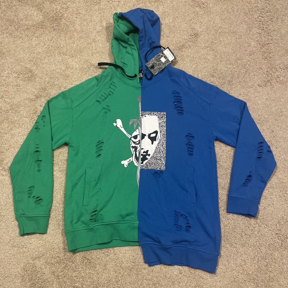 Haculla 2 Face Split Blue Green Distressed Pullover Hoodie Hooded Sweatshirt XL